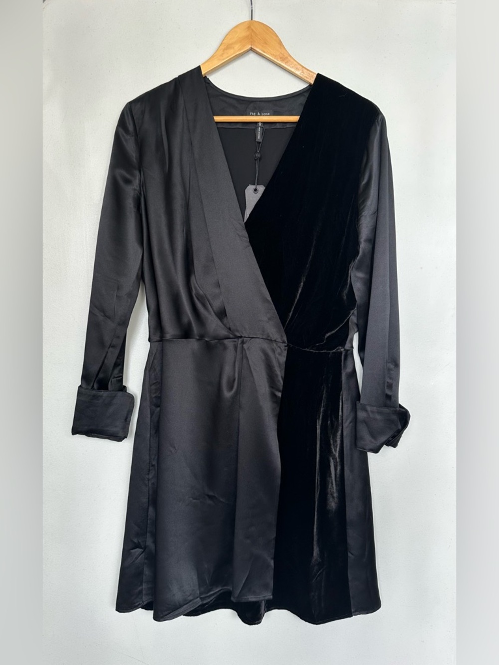 rag & bone Black Satin and Velvet Long Sleeve Wrap Dress. New With Tag